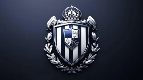 Metallic heraldic shield with crown and laurel on dark field.