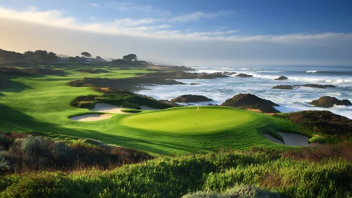 Ocean-edge golf green kissed by morning light and surf.