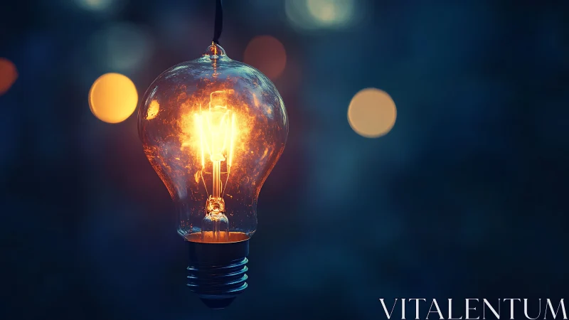Vintage filament bulb glows against deep blue bokeh night