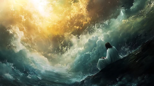 Solitary robed figure contemplates stormlit celestial sea