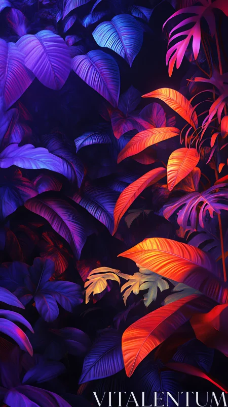 Neon jungle foliage with vivid purple and orange leaves.
