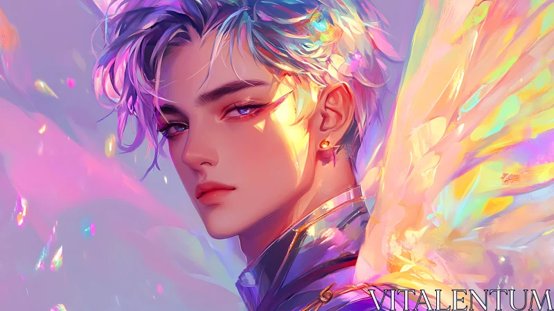 Iridescent winged figure in neon pastel celestial portrait