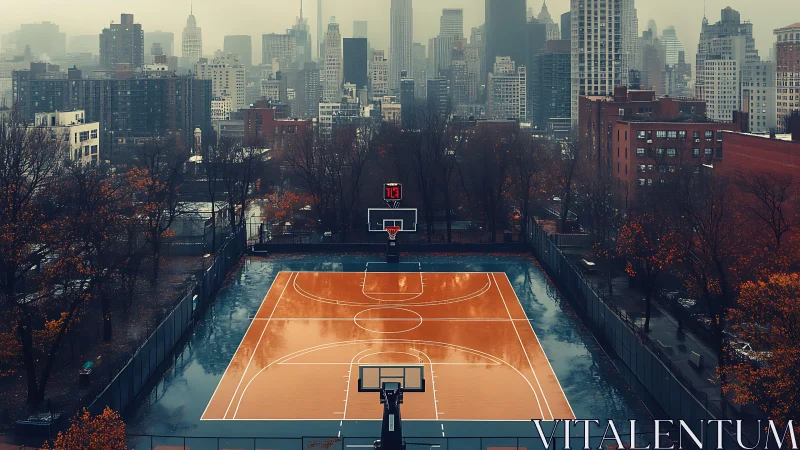 Photorealistic wet court with urban skyline depth of field.