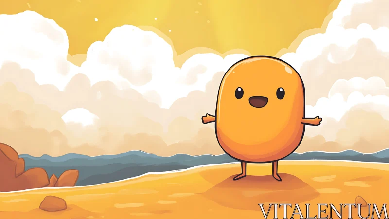 Cheerful orange mascot greeting sunlit cartoon beach.