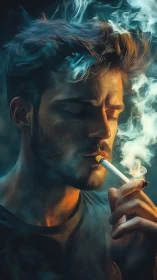 Cinematic portrait of young smoker in volumetric colored smoke.