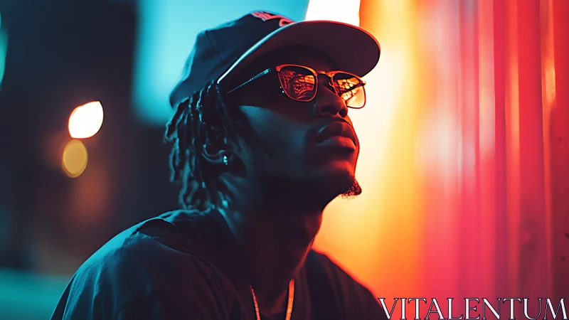 Portrait shows person in side profile against neon-lit wall