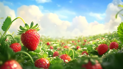 Strawberry field under daylight sky with scattered clouds.