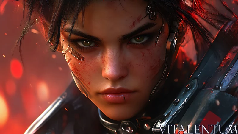 Cybernetic warrior portrait with bloodied biomech interface.