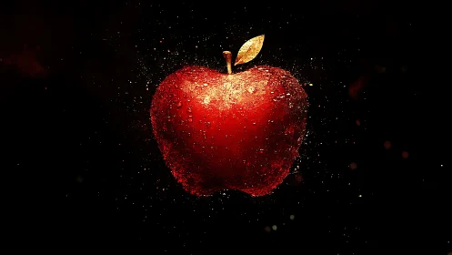 Glowing red apple floats in dark space with water droplets.