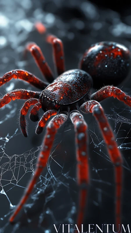 Photorealistic red spider on dewy web in dark macro scene.