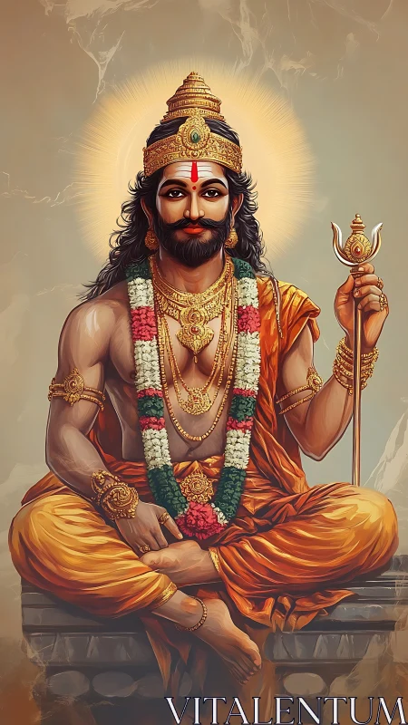 Regal Hindu deity seated with halo, staff, and garlands.