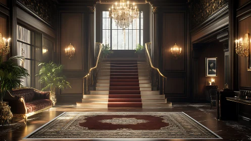Grand hotel staircase under crystal chandelier glow