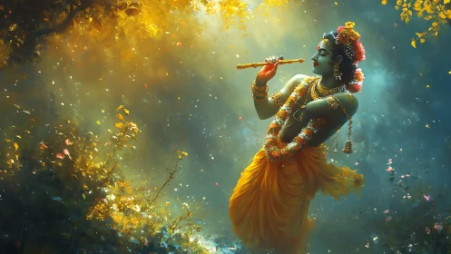 Divine flute player glows in golden mystical forest light.
