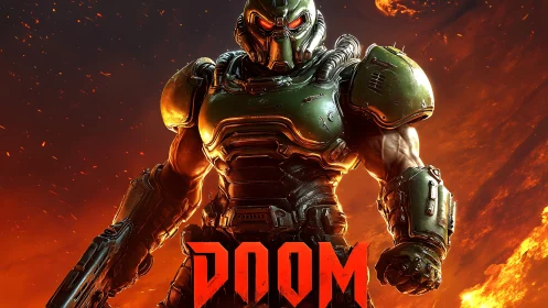 Armored space marine stands against infernal firestorm