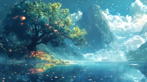 Luminescent riverside tree before mist-veiled monolithic peak