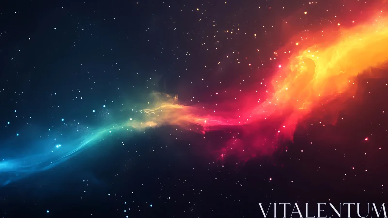 Colorful nebula stream extends across dense star field.