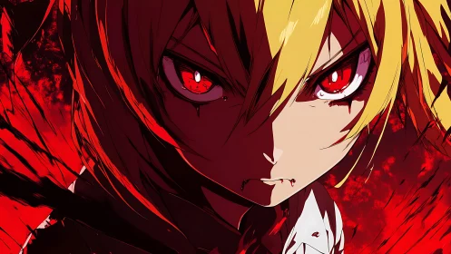 Bloodlit anime warrior gaze under violent crimson skies.