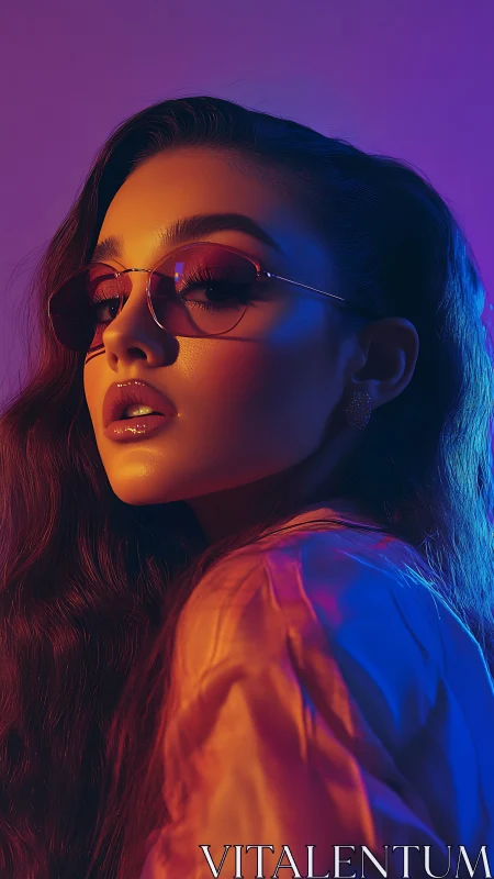 Portrait of woman in neon sunglasses and colored light.