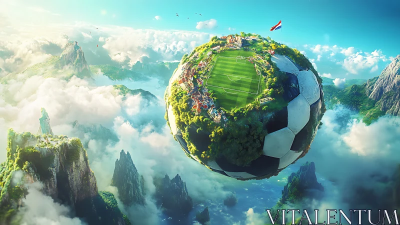 Floating spherical soccer world orbits above clouded mountains