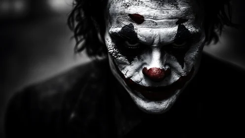 Moody clown portrait with haunting cinematic shadows.