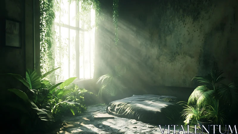 Indoor bed surrounded by dense greenery and window light.