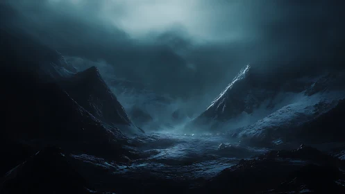 Nocturnal glacial valley under storm clouds with icy ridges