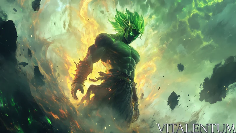 Mythic green energy titan amid volatile elemental storm