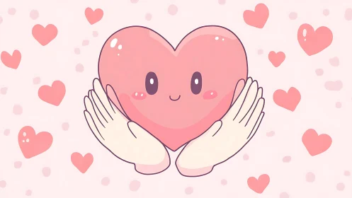 Anthropomorphic Heart Character with Soft Shading, Cradled by Hands