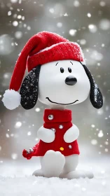 Snow-covered cartoon dog figurine in festive winter attire