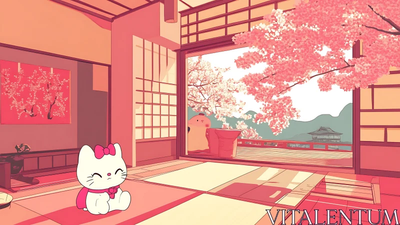 Cute white cat enjoys serene tatami room in cherry blossom glow
