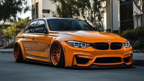 Widebody orange BMW M3 sedan with extreme stance and aero kit