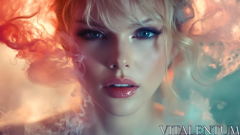 Woman’s digitally enhanced portrait framed by colored smoke