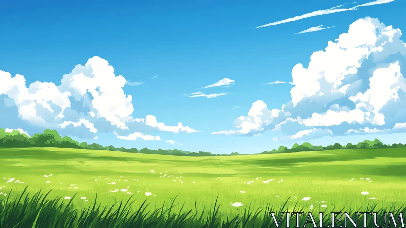 Bright green meadow under wide blue sky and clouds.