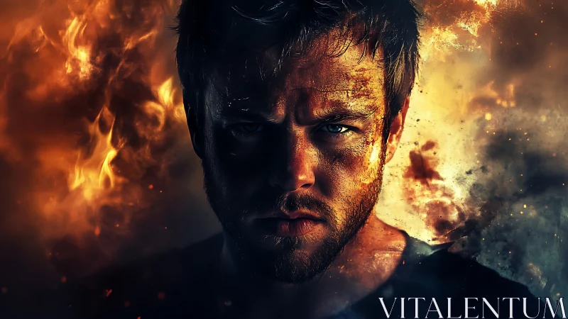 Male portrait amid surrounding flames and dense smoke field.