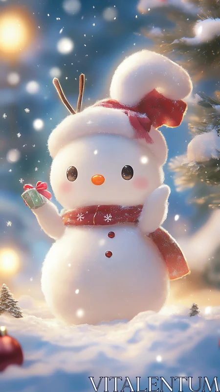 Snowman character holds gift box in snowy outdoor scene