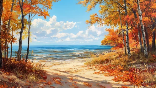 Autumn forest opens onto bright sandy beach and calm sea