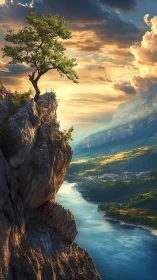 Solitary cliffside tree above river valley at golden sunset