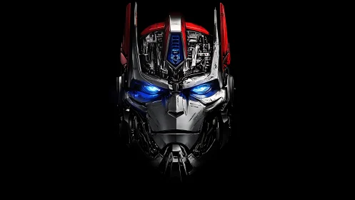 Cybernetic warrior helm with blue luminescent optics.