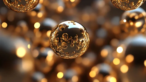 Reflective glass spheres with golden bokeh and internal bubbles