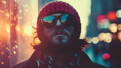 Urban twilight portrait with reflective optics and bokeh glow.