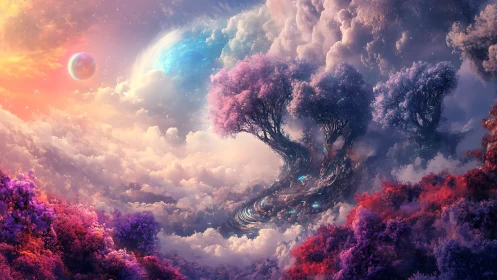 Nebula forest rises through glowing clouds toward distant worlds.