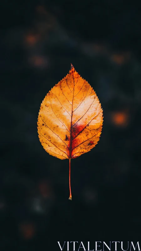 Solitary autumn leaf suspended in rich black void.