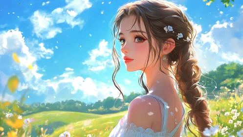 Sunlit anime girl in floral meadow under vivid blue sky.
