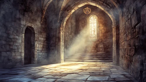 Sunlit stone chapel interior glows with ethereal dust motes.