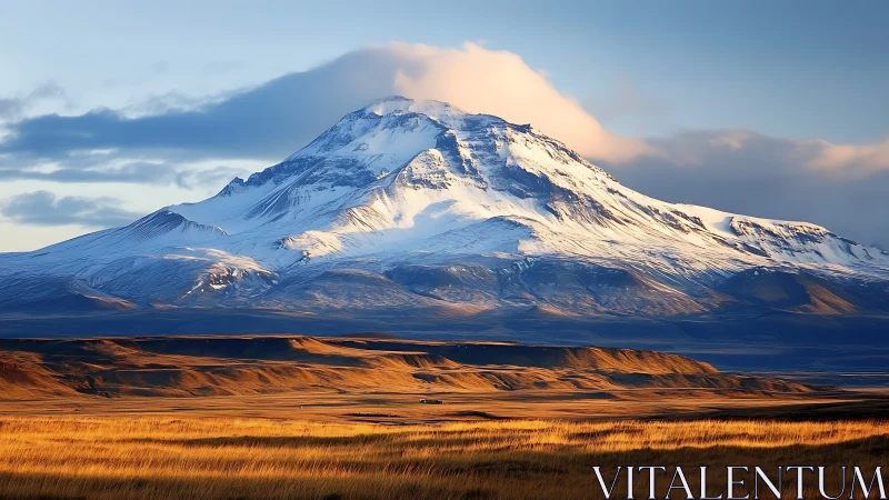 Snow covered mountain dominates sunlit grassland plain