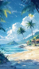 Tropical beach landscape with palm trees, sand, water, and clouded sky.