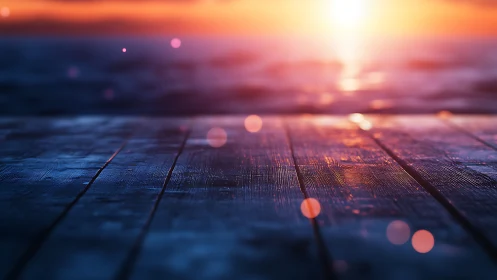 Wooden deck surface facing blurred ocean horizon at sunset.