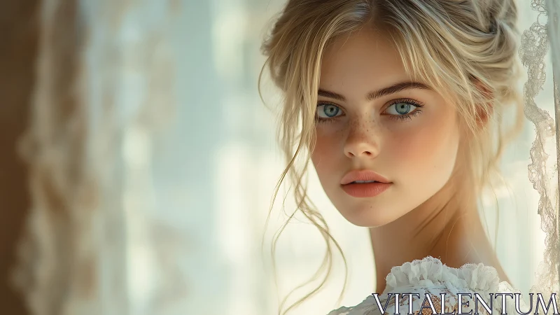 Soft-lit freckled portrait with lace, pastel bokeh backdrop.