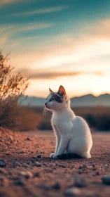 White and Dark Cat Sitting on Desert Ground at Sunset.