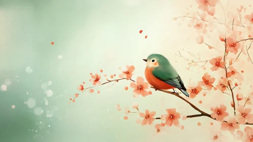 Green Bird Among Coral Blossoms in Soft Light.